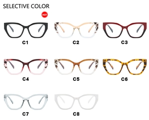Detailed matrix view of cat-eye glasses frames available in eight stylish color options