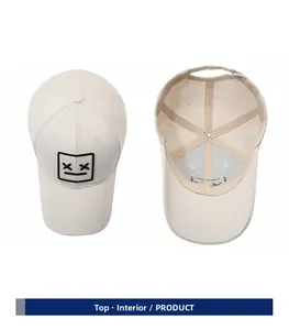 Detailed top and lining view of beige cotton baseball cap with face embroidery