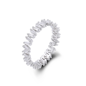 Detailed macro view of 925 sterling silver V-shape ring with baguette-cut cubic zirconia