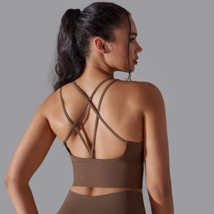 Détail du soutien-gorge de sport marron café avec bretelles croisées et texture côtelée