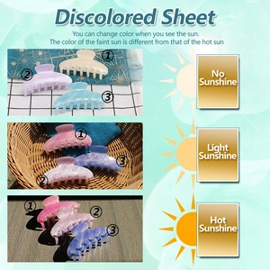 Detailed comparison of large acrylic hair claw clips changing color under different sunlight levels