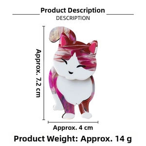 Detail view of acrylic cat brooch with marble texture and dimensions 7.2cm by 4cm
