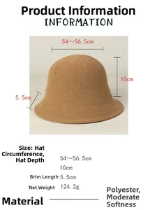 Detailed size chart for the knit bucket hat showing head circumference and brim length