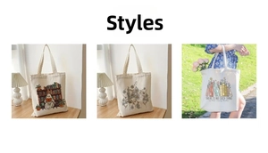 Three minimalist canvas tote bags with ghost, floral, and book themed prints for daily use