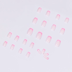 French style square round press-on nails with natural base and pink tips set