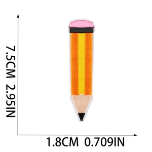 Detailed size chart of yellow pencil embroidery patch measuring 7.5cm by 1.8cm