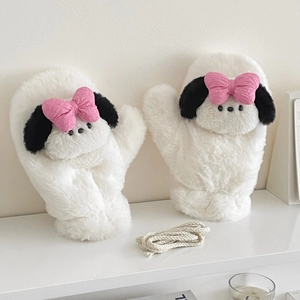 Detailed plush texture of white cartoon puppy mittens with pink bow and black ears
