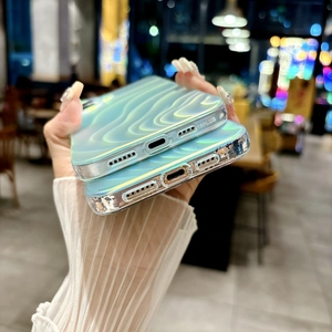 Detail view of laser colorful wave pattern phone case with precise bottom cutouts