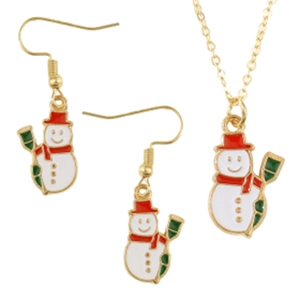 Detailed view of golden snowman necklace and earrings set with festive enamel colors