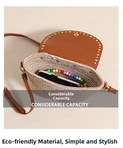 Interior view showing the capacity of a straw saddle bag with a brown PU leather flap