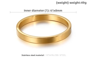 Polished gold stainless steel bangle detail showing 61x8mm size and 49g weight specs
