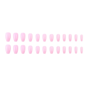 Glossy light pink medium long ballerina press-on nails set with 24 pieces on white background