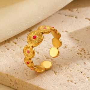 Bohemian 18K gold plated ring featuring sunburst textured circles and pink enamel accents