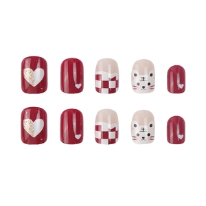 Cute cartoon tiger press-on nails set in burgundy red and glitter with heart patterns