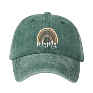 Faded dark green washed cotton baseball cap featuring a rainbow MAMA print design