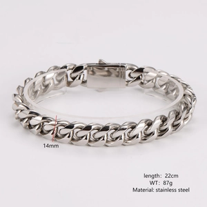 Detail showing 14mm wide stainless steel curb chain bracelet with dimensions display