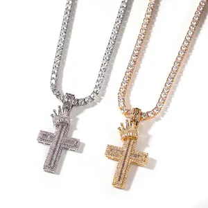 Hip Hop Crown Cross Pendant Necklace Iced Out Zircon Brass Jewelry For Men Punk Style