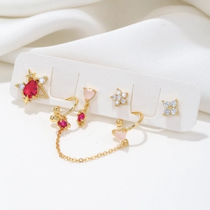 Sparkling zircon ear stud set with gold finish and colorful heart charms for women
