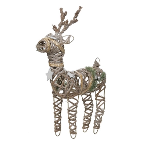 Champagne iron reindeer ornament with rustic woven twine, pine needles and stars