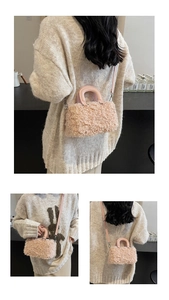 Pink faux fur box bag with leather handles shown from multiple angles on a model