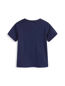 Back view of a classic navy blue short-sleeved T-shirt for boys, ideal for summer casual wear