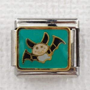 Italian style modular bracelet charm with golden edge and bat enamel pattern