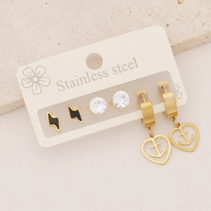 Three pairs of golden stainless steel stud earrings featuring lightning and heart designs