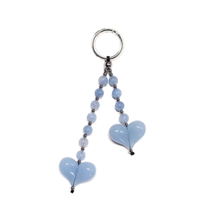 Handmade light blue beaded heart keychain with natural stones and polished metal ring