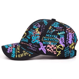 Black hip-hop baseball cap with vibrant street graffiti print and curved brim