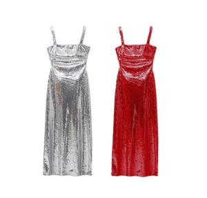 Detail view of red and silver sequin bodycon dresses with thin straps and metallic finish