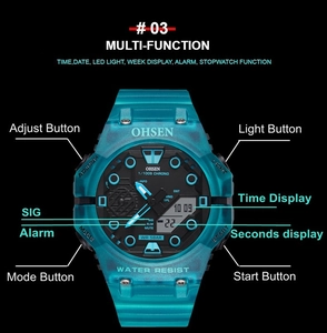 Detailed view of digital sports watch functions with 5BAR water resistance and LED backlight