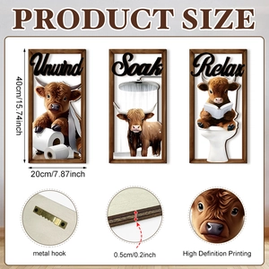 Three-piece farmhouse Highland Cow bathroom wall art set with Unwind Soak Relax text