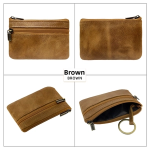 Detailed views of brown crazy horse leather coin purse with double zippers and key ring