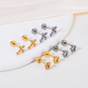 Cross and flower geometric spherical stud earrings in gold and silver steel finish