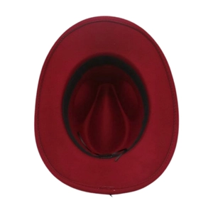 Detailed top view of red felt fedora hat interior with black sweatband and adjustable cord