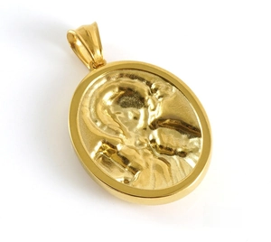 Macro view showing the back of the golden oval religious relief pendant in stainless steel