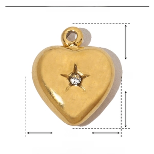 Detailed dimensions of heart pendant in stainless steel with rhinestone inlay details