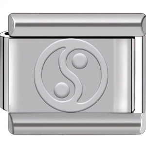 Macro shot of silver stainless steel Italian bracelet link with embossed Yin Yang design