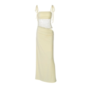 Slim fit pale yellow summer maxi dress with lace patchwork and hollow out details