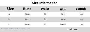 Detailed size chart for the backless knitted maxi dress showing measurements in centimeters