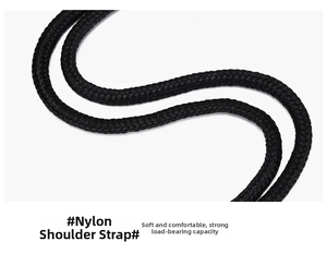 Detail showing the heavy-duty black nylon woven shoulder strap with reinforced stitching