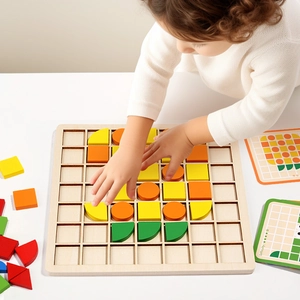 3D mosaic wooden geometric puzzle blocks on a grid base for early childhood learning