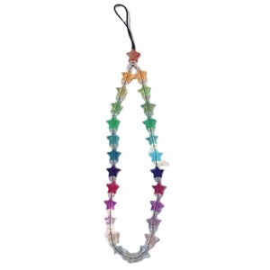 Rainbow star beaded phone strap with colorful gradient acrylic beads and silver spacers