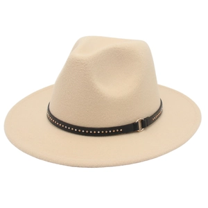 Wide Brim Fedora Hat Wool Felt With Rivet Leather Belt Metal Ring Vintage Jazz Style For Men Women