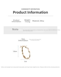 Size chart showing 120cm gold leaf chain belt dimensions and material specs
