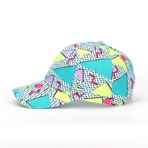 Detail of multi-color Memphis style geometric print on 6-panel cotton baseball cap