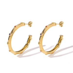18K gold plated C-shaped hoop earrings with multicolor zircon stones on white background