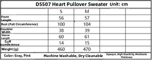 Detailed size chart for the heart pattern pullover sweater with garment measurements