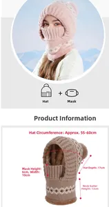 Detailed dimensions of winter fleece-lined knit hat with integrated face mask and neck warmer