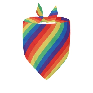 Detailed view of the rainbow striped cotton pet bandana with a classic triangle cut design